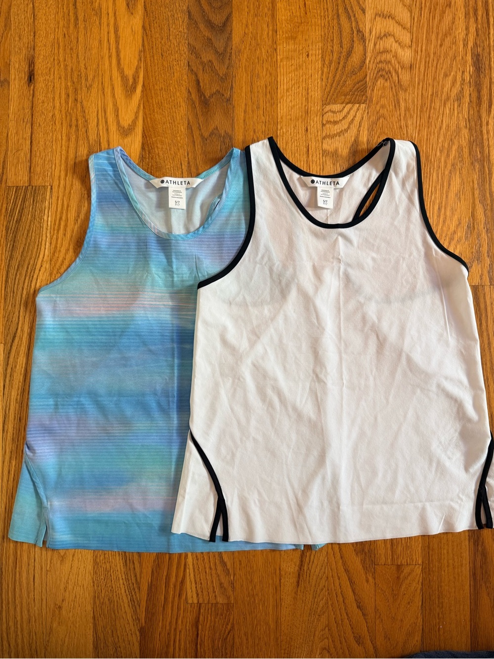Athleta Girls' Blue Striped Tank & White Trim Tank Top Duo